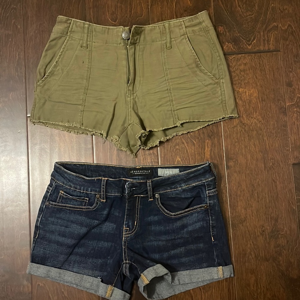 Aeropostale jean midi and olive green frilly shorts. Size 4 for both
